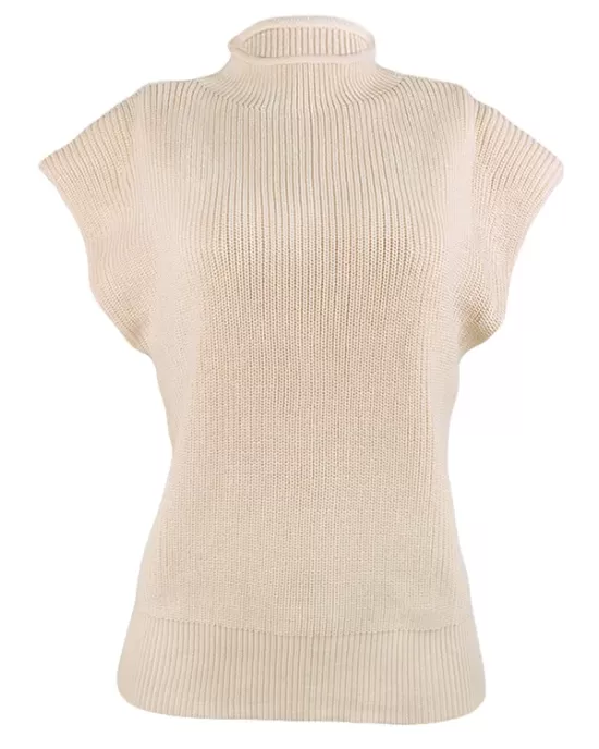 Casual Cap Sleeve Solid Color High-Neck Sweater Tops Pullovers