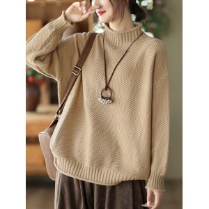 Vintage Long Sleeves Loose Solid Color High-Neck Sweater Tops