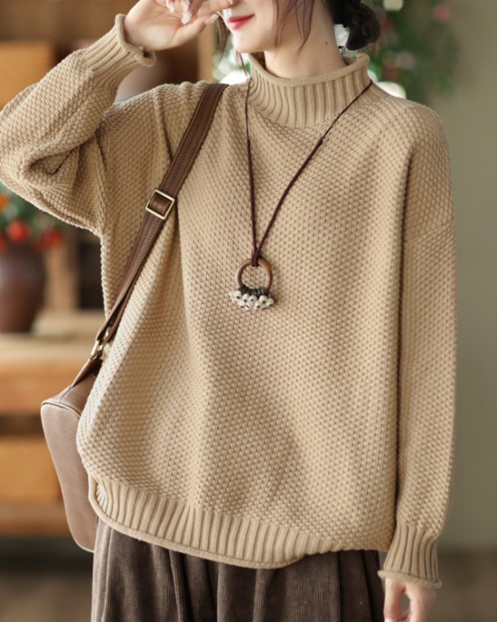 Vintage Long Sleeves Loose Solid Color High-Neck Sweater Tops