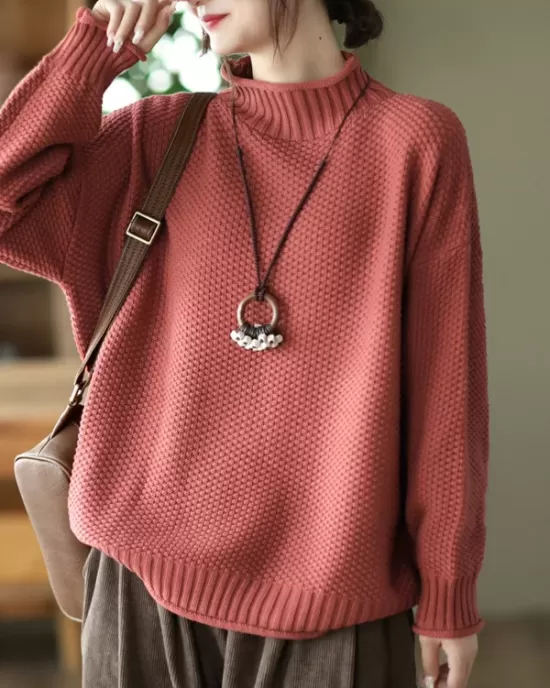 Vintage Long Sleeves Loose Solid Color High-Neck Sweater Tops