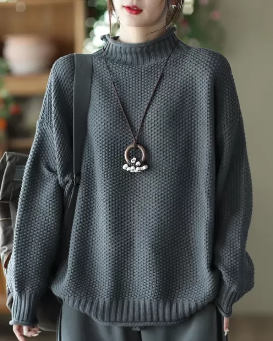 Vintage Long Sleeves Loose Solid Color High-Neck Sweater Tops