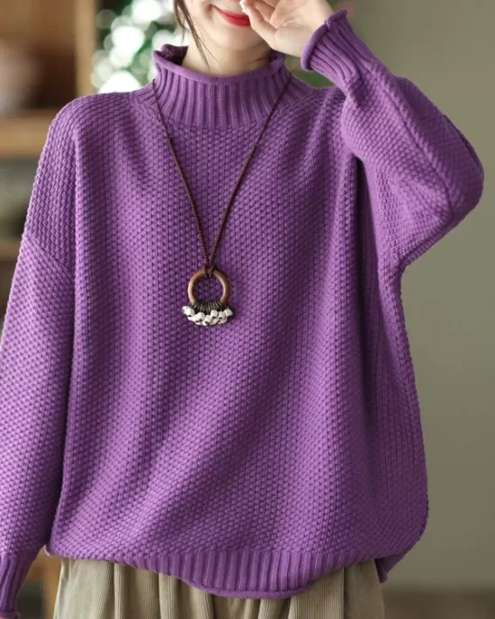 Vintage Long Sleeves Loose Solid Color High-Neck Sweater Tops