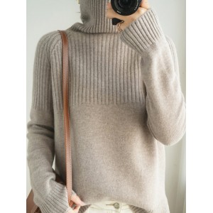 Casual Long Sleeves Loose Solid Color High-Neck Sweater Tops