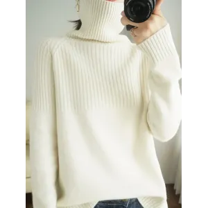 Casual Long Sleeves Loose Solid Color High-Neck Sweater Tops