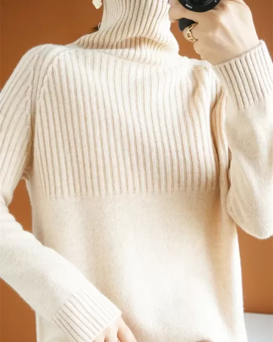 Casual Long Sleeves Loose Solid Color High-Neck Sweater Tops