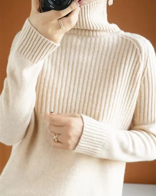 Casual Long Sleeves Loose Solid Color High-Neck Sweater Tops