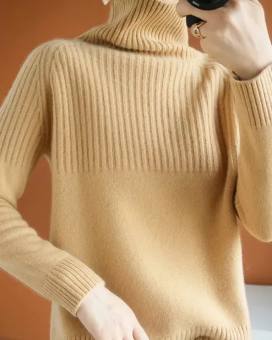 Casual Long Sleeves Loose Solid Color High-Neck Sweater Tops