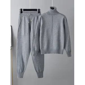 Casual Solid Long Sleeves High-Neck Sweater Tops & Drawstring Wide Leg Pants Suits