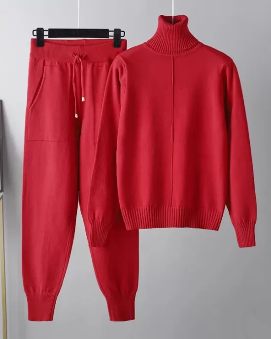 Casual Solid Long Sleeves High-Neck Sweater Tops & Drawstring Wide Leg Pants Suits