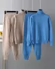 Casual Solid Long Sleeves High-Neck Sweater Tops & Drawstring Wide Leg Pants Suits