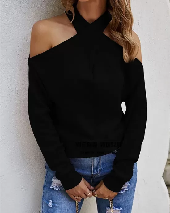 Casual Long Sleeves Solid Color Halter-Neck Sweater Tops