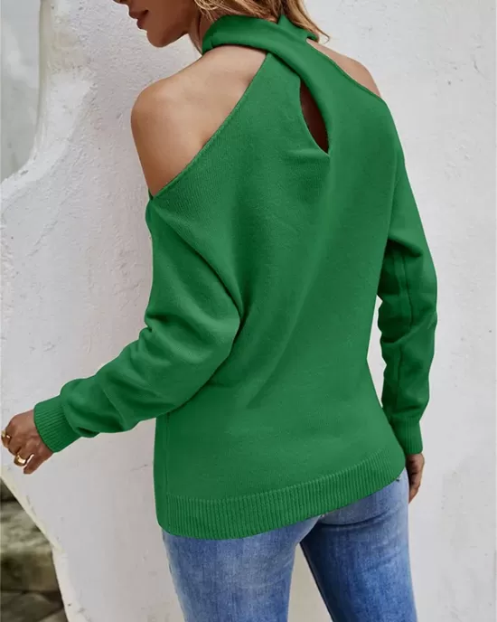 Casual Long Sleeves Solid Color Halter-Neck Sweater Tops