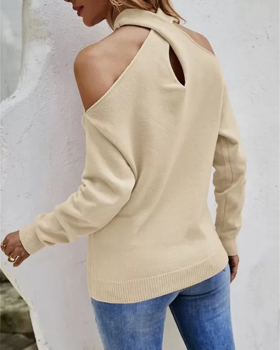 Casual Long Sleeves Solid Color Halter-Neck Sweater Tops