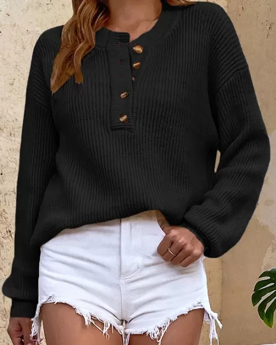 Casual Long Sleeves Solid Color Round-Neck Sweater Tops