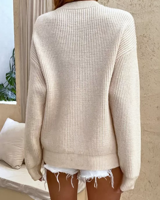 Casual Long Sleeves Solid Color Round-Neck Sweater Tops