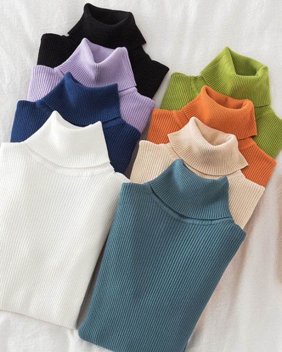 Simple Skinny Solid Color High-Neck Sweater Tops