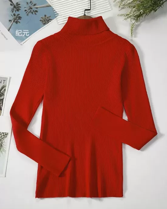 Simple Skinny Solid Color High-Neck Sweater Tops