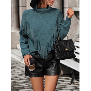 Solid Color Tasseled Long Sleeves Loose High-neck Sweater Tops Pullovers Knitwear