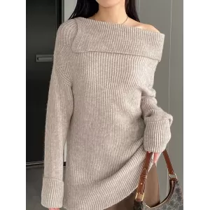 Solid Color Long Sleeves Loose Off-the-shoulder Sweater Pullovers Knitwear