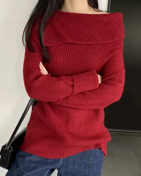 Solid Color Long Sleeves Loose Off-the-shoulder Sweater Pullovers Knitwear