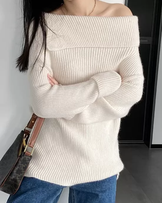 Solid Color Long Sleeves Loose Off-the-shoulder Sweater Pullovers Knitwear