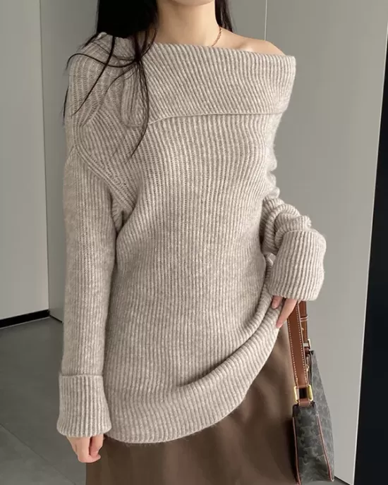 Solid Color Long Sleeves Loose Off-the-shoulder Sweater Pullovers Knitwear