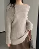 Solid Color Long Sleeves Loose Off-the-shoulder Sweater Pullovers Knitwear