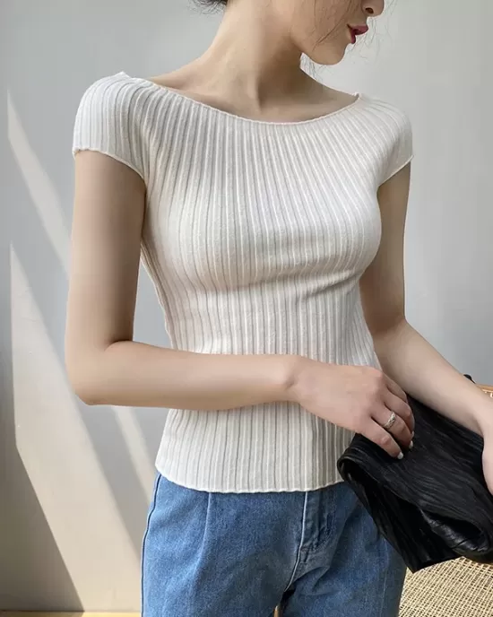 Solid Color Short Sleeves Skinny Boat Neck Sweater Pullovers Knitwear