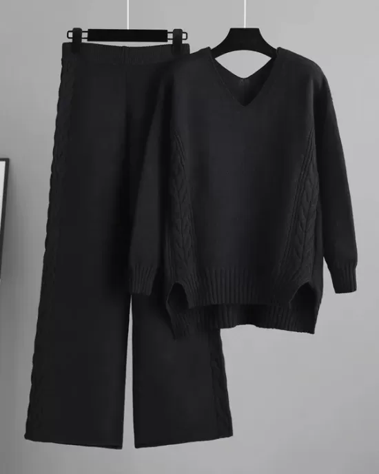 Urban Loose Solid Color V-Neck Sweater Tops& Wide Leg  Pants Suits