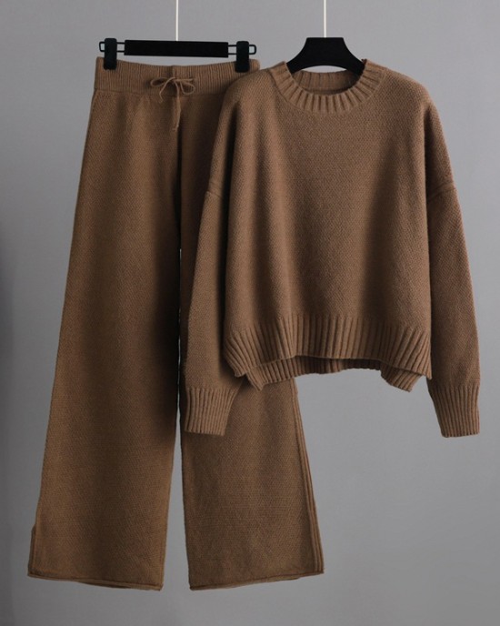 Urban Loose Long Sleeves Solid Color Round-Neck High-Low Sweater Tops & Wide Leg Pants Suits