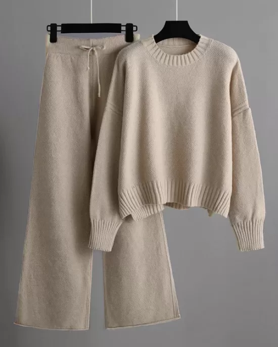 Urban Loose Long Sleeves Solid Color Round-Neck High-Low Sweater Tops & Wide Leg Pants Suits