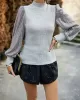 Sequined Split-Joint Bishop Sleeve Long Sleeves High-Neck Sweater Tops Pullovers