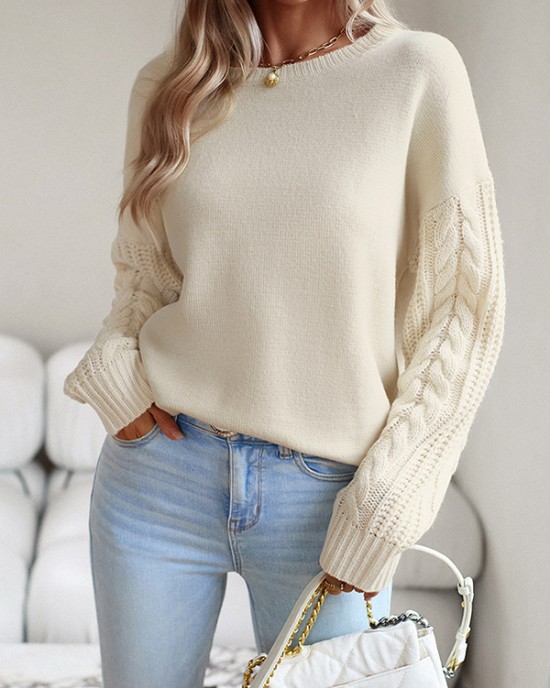 Solid Color Long Sleeves Loose Round-Neck Sweater Pullovers