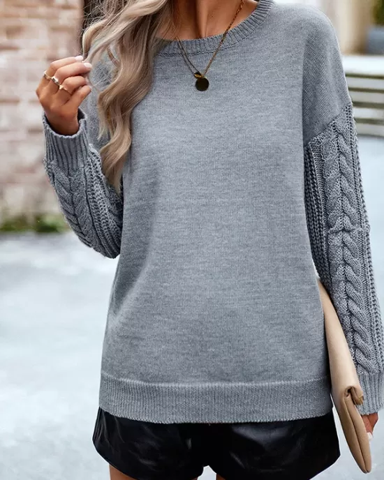 Solid Color Long Sleeves Loose Round-Neck Sweater Pullovers