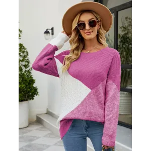 Casual Long Sleeves Loose Contrast Color Round-Neck Sweater Tops