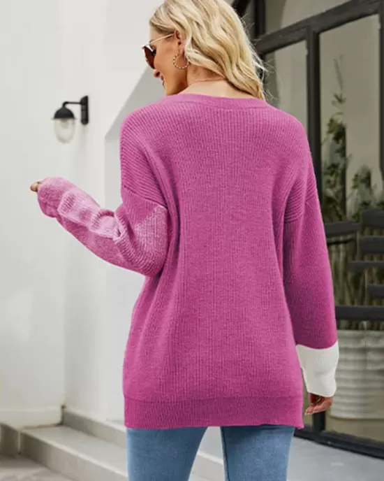 Casual Long Sleeves Loose Contrast Color Round-Neck Sweater Tops