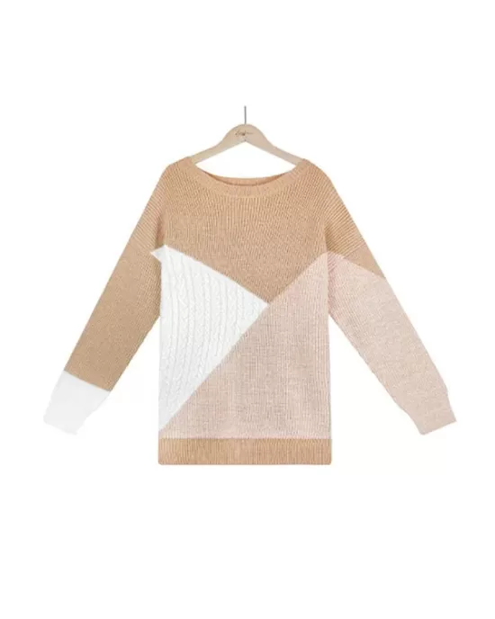 Casual Long Sleeves Loose Contrast Color Round-Neck Sweater Tops