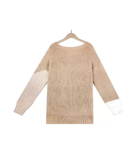 Casual Long Sleeves Loose Contrast Color Round-Neck Sweater Tops