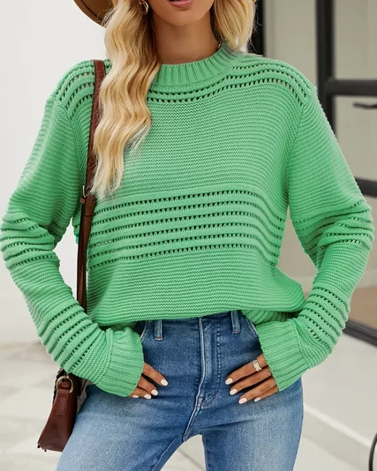 Hollow Solid Color Long Sleeves Loose Round-Neck Sweater Tops Pullovers Knitwear