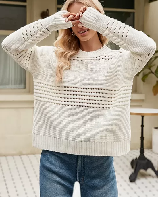 Hollow Solid Color Long Sleeves Loose Round-Neck Sweater Tops Pullovers Knitwear