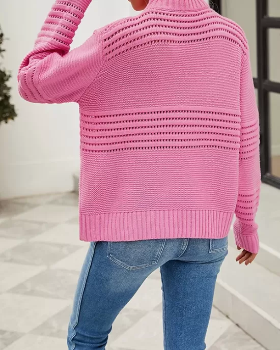 Hollow Solid Color Long Sleeves Loose Round-Neck Sweater Tops Pullovers Knitwear