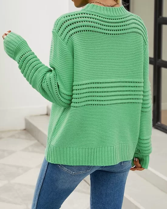 Hollow Solid Color Long Sleeves Loose Round-Neck Sweater Tops Pullovers Knitwear