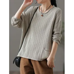 Artistic Retro Loose Long Sleeves Jacquard Solid Color Round-Neck Sweater Tops