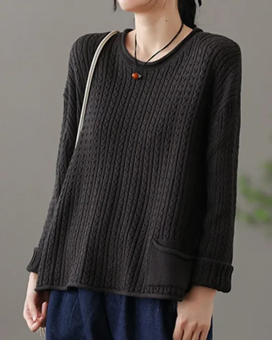 Artistic Retro Loose Long Sleeves Jacquard Solid Color Round-Neck Sweater Tops