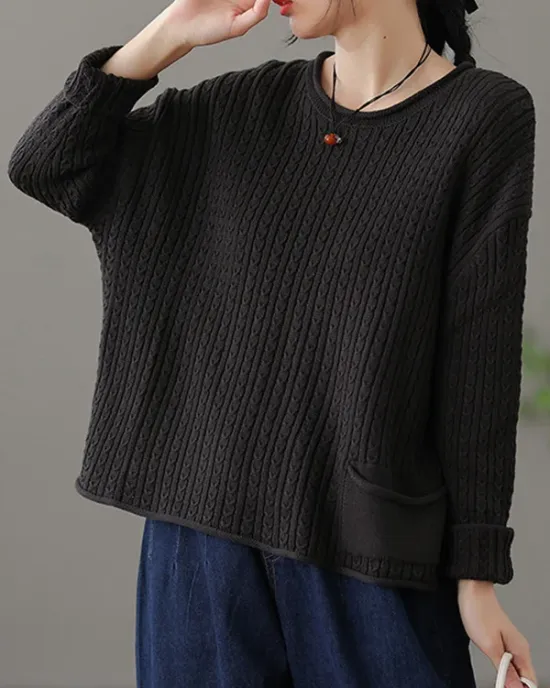 Artistic Retro Loose Long Sleeves Jacquard Solid Color Round-Neck Sweater Tops