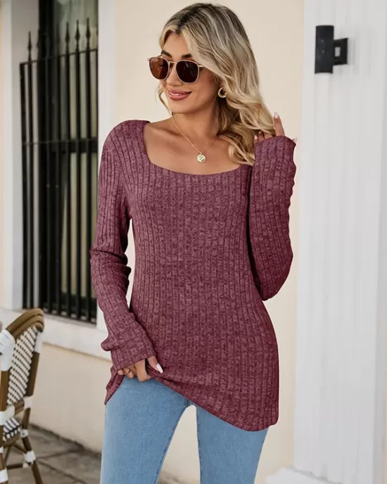 Casual Long Sleeves Skinny Solid Color Square-Neck Sweater Tops