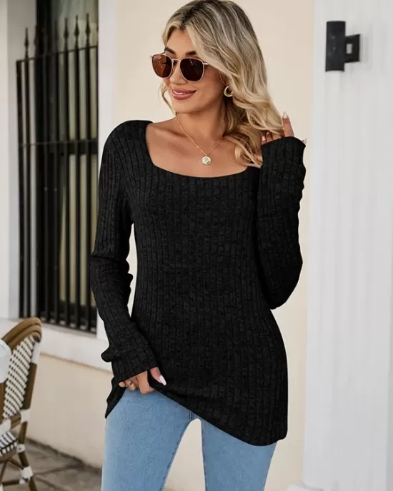 Casual Long Sleeves Skinny Solid Color Square-Neck Sweater Tops