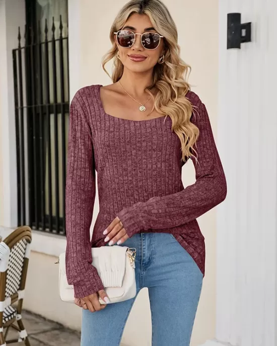 Casual Long Sleeves Skinny Solid Color Square-Neck Sweater Tops