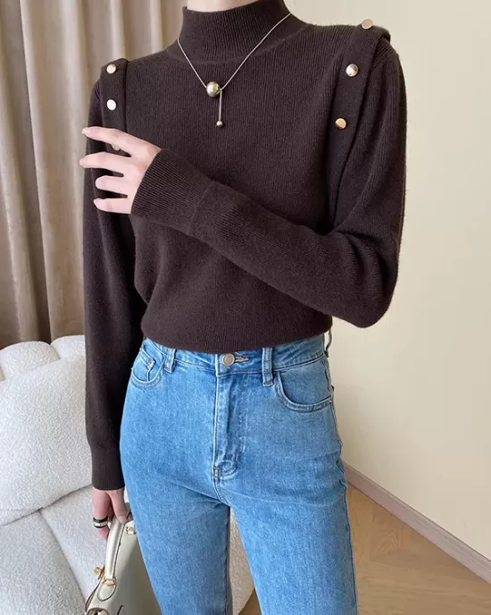 Buttoned Split-Joint Long Sleeves High-Neck Sweater Tops