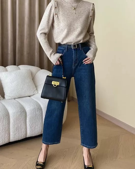 Buttoned Split-Joint Long Sleeves High-Neck Sweater Tops